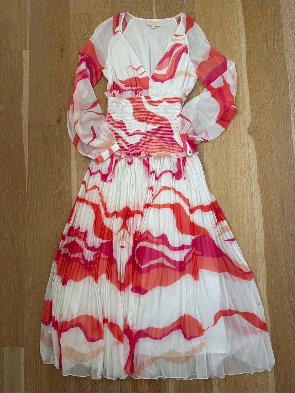 Rococo Sand Size Medium Dress with Pink & Coral Wave Print - Elegant Maxi